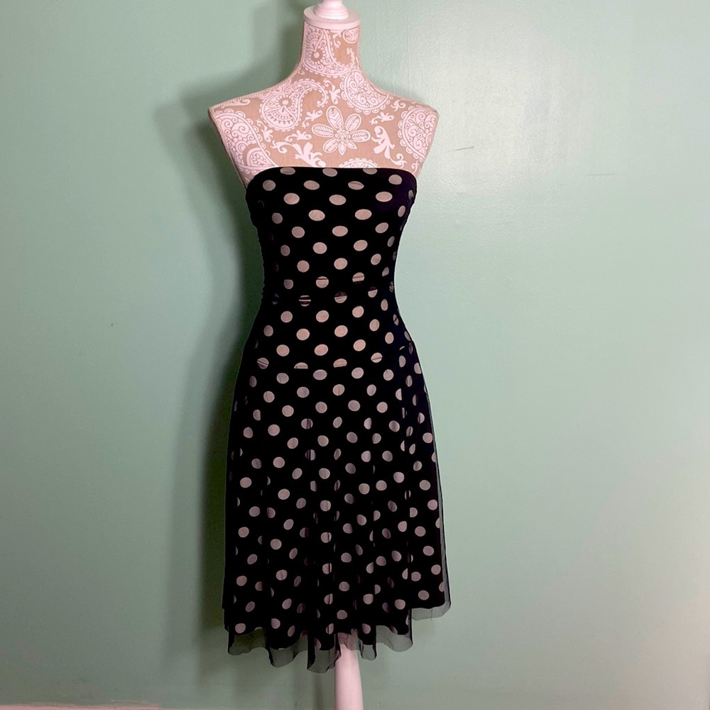 Women midi strapless black and white polka-dot net dress summer trendy datenight